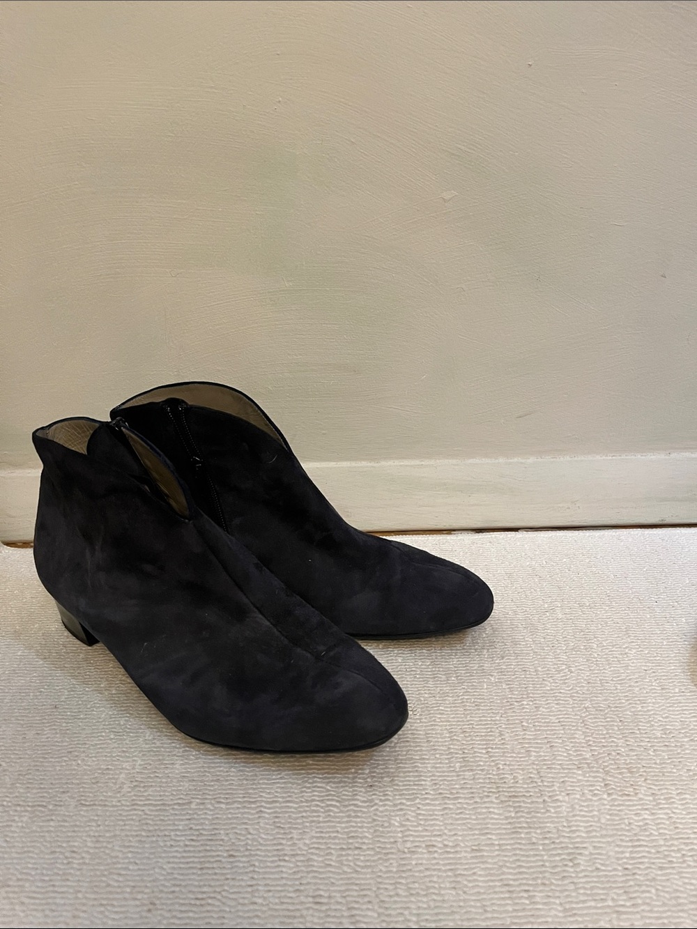 French Sole Navy Suede Eva Ankle Boots - Side-Zip Bootie Handmade in Italy